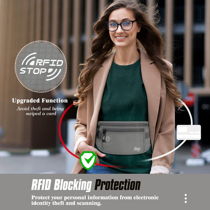 MoKo Secure Travel Money Belt, Undercover Hidden RFID Blocking Travel Wallet, Anti-Theft Passport Wallets for Men Women, Gray - Image 2